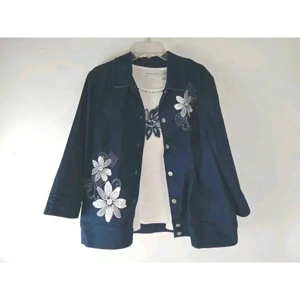 Alfred Dunner Womens Floral  Two Piece Blouse Set Long Sleeve sz Jacket 16 Top L